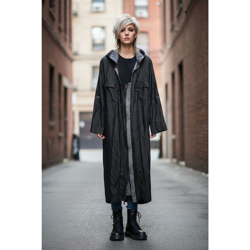 Y2K Alvina‎ Long Silk Zipper Goth Coat Sz 2 Dark Gray Punk Hood Whimsi Designer